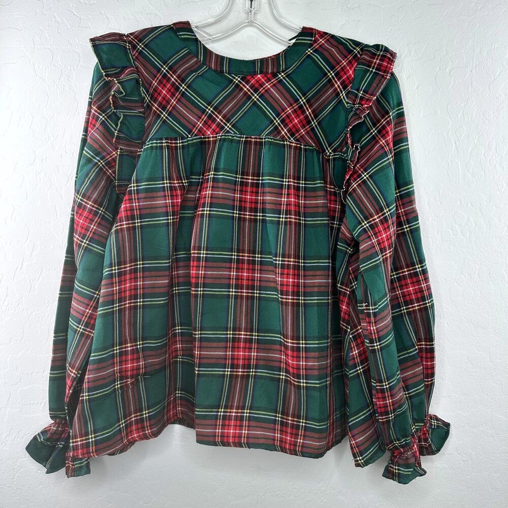 She + Sky Ruffled Green Tartan Plaid Long Sleeve Blouse Top Small Babydoll - Picture 4 of 8